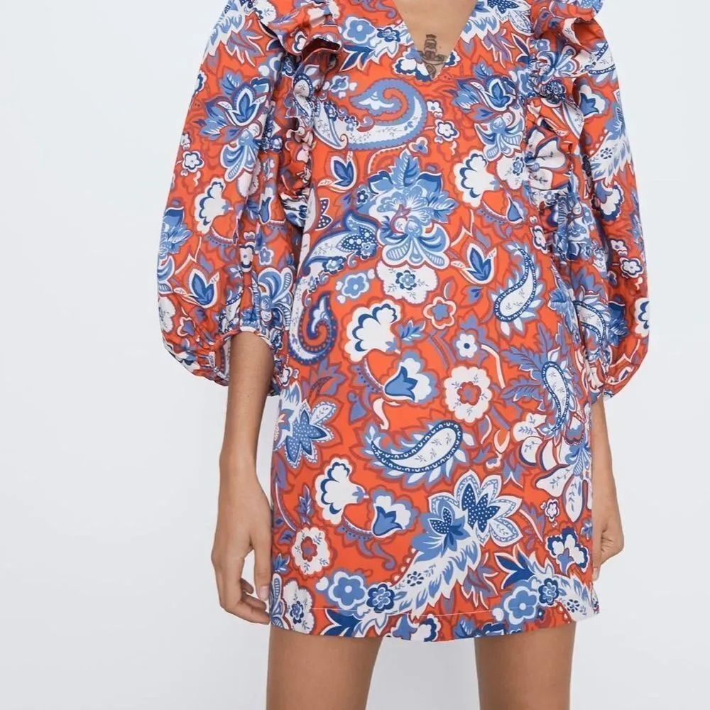 NWT! ZARA blue/red floral print ruffled mini boho dress XS